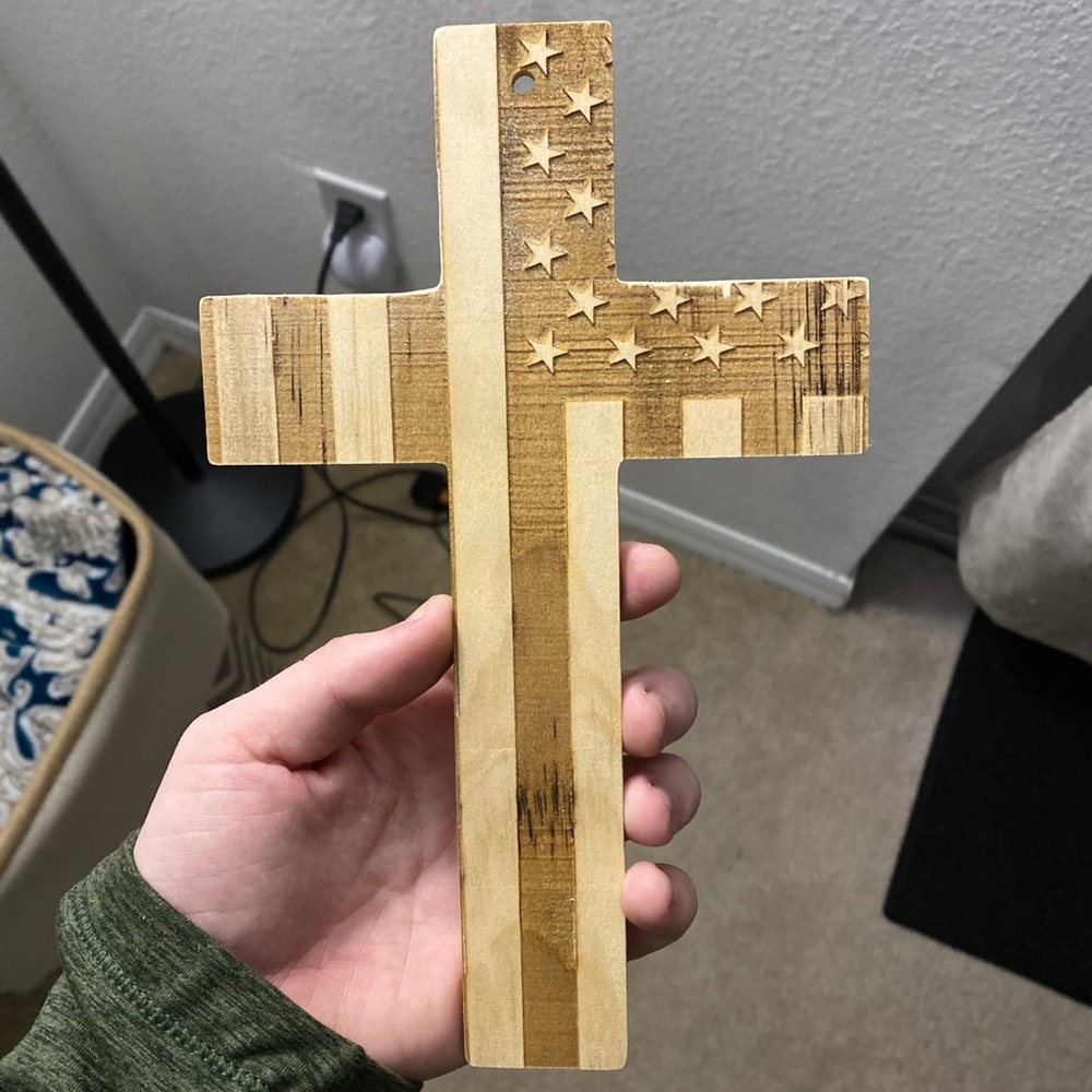 Laser engraved cross with the American flag